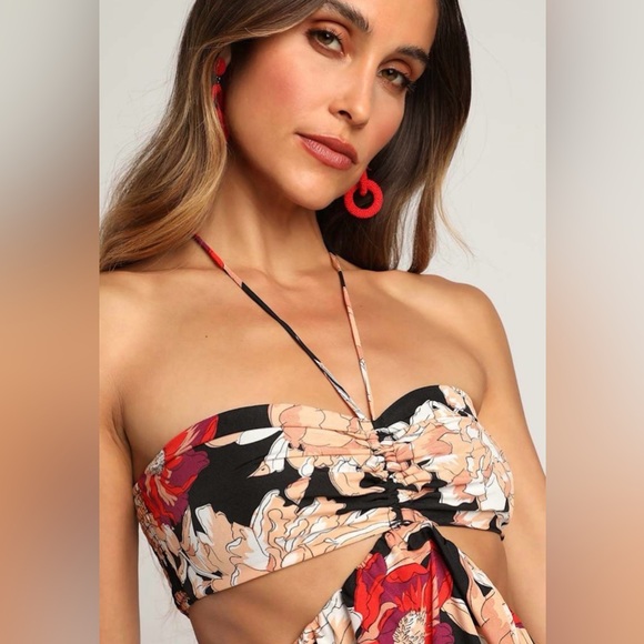 NWT Lulus Midsummer Moment Black Floral Print Cutout Halter Maxi Dress Medium - Picture 3 of 11